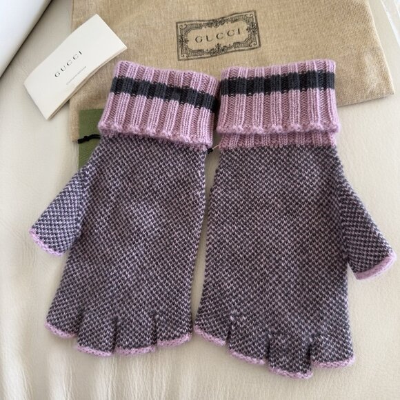 NWT Gucci Cashmere Gloves Pink Grey GG Fingerless Size L 100% Authentic - Picture 5 of 8